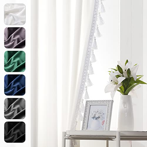 HLISFHIE White Velvet Curtains 90 inches Long Blackout Curtains for Bedroom Rod Pocket Window Curtains with Tassels Light Blocking Thermal Insulation Drapes for Living Room Set of 2 Panels 52”x90”