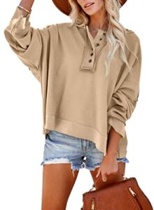 dokotoo casual loose long sleeve hoodies for women fashion solid button down batwing sleeve hooded sweatshirt khaki large