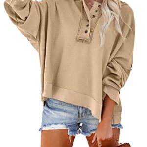 Dokotoo Casual Loose Long Sleeve Hoodies for Women Fashion Solid Button Down Batwing Sleeve Hooded Sweatshirt Khaki Large