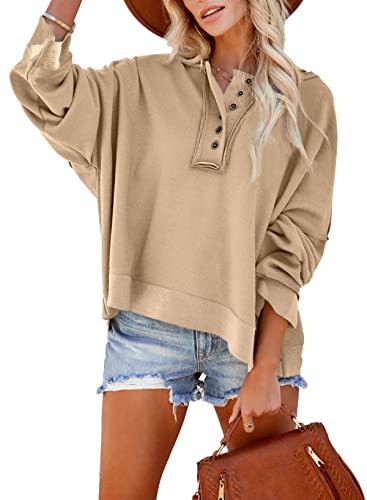 Dokotoo Casual Loose Long Sleeve Hoodies for Women Fashion Solid Button Down Batwing Sleeve Hooded Sweatshirt Khaki Large