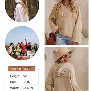 Dokotoo Casual Loose Long Sleeve Hoodies for Women Fashion Solid Button Down Batwing Sleeve Hooded Sweatshirt Khaki Large