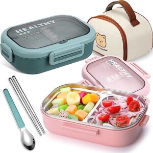 roshtia 2 pcs stainless steel leakproof bento lunch box, 28 oz 2 compartment metal portion control food container with lunch bag and utensil set, bpa free, pink and green