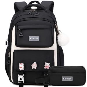 ao ali victory backpack for girls set with pencil case 15.6 inch laptop school bag cute kids elementary college backpacks large bookbags for women teens students anti theft travel daypack - black