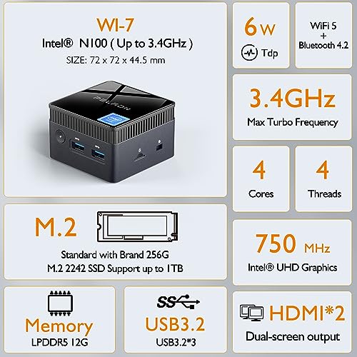 PELADN WI-7 Mini PC Win 11 Pro, Intel 12th Gen N100(up to 3.4GHz)，Mini Computer DDR5 6400 MHz 12GB RAM/256GB M.2 SSD, 4K UHD, Bluetooth 4.2, LAN & HDMI2.0,WiFi5 for Business Home/Office/HTPC