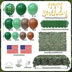 Keleno 133PCS Army Birthday Party Decorations Military Camo Party Supplies Camouflage Netting Balloon Arch Garland Kit Backdrop Tablecloth Flag Banner Hunting Soldier Birthday Decor for Boy Adult Men