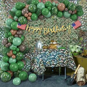 Keleno 133PCS Army Birthday Party Decorations Military Camo Party Supplies Camouflage Netting Balloon Arch Garland Kit Backdrop Tablecloth Flag Banner Hunting Soldier Birthday Decor for Boy Adult Men