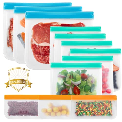 Reusable Food Storage Bags, 12 Pcs BPA Free Freezer Gallon Bags, Dishwasher Safe Reusable Sandwich Silicone Ziplock Bags, Extra Thick Leakproof Bags Silicone for Food Storage, Travel, Marinate Meats