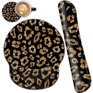 ergonomic mouse pad gel wrist support and memory foam keyboard wrist rest set, for gaming computer office laptop easy typing wireless mouse mat, gold glitter leopard black office desk pad