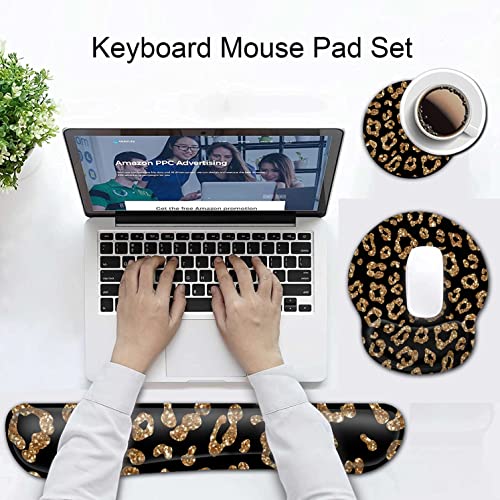 Ergonomic Mouse Pad Gel Wrist Support and Memory Foam Keyboard Wrist Rest Set, for Gaming Computer Office Laptop Easy Typing Wireless Mouse Mat, Gold Glitter Leopard Black Office Desk Pad