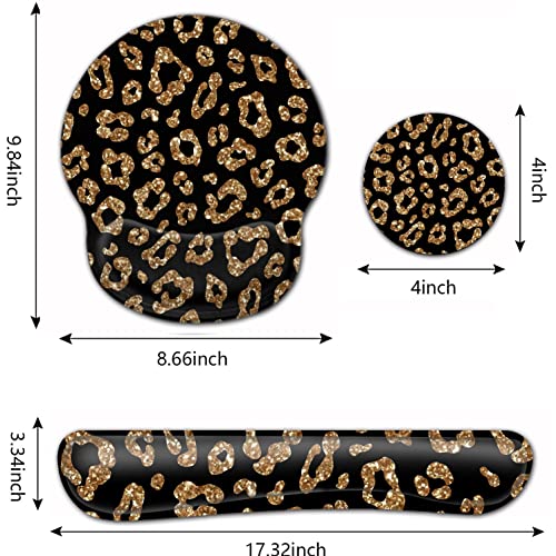 Ergonomic Mouse Pad Gel Wrist Support and Memory Foam Keyboard Wrist Rest Set, for Gaming Computer Office Laptop Easy Typing Wireless Mouse Mat, Gold Glitter Leopard Black Office Desk Pad