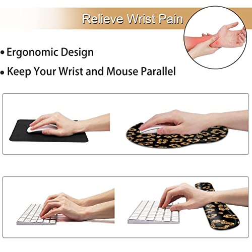 Ergonomic Mouse Pad Gel Wrist Support and Memory Foam Keyboard Wrist Rest Set, for Gaming Computer Office Laptop Easy Typing Wireless Mouse Mat, Gold Glitter Leopard Black Office Desk Pad