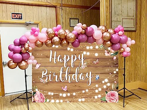 Pink Birthday Party Decorations,Butterfly Rustic Wood Flowers Happy Birthday Backdrop Banner Hot Pink Balloon Arch Garland Kit for Women Girl Birthday Party Supplies