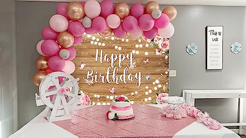 Pink Birthday Party Decorations,Butterfly Rustic Wood Flowers Happy Birthday Backdrop Banner Hot Pink Balloon Arch Garland Kit for Women Girl Birthday Party Supplies