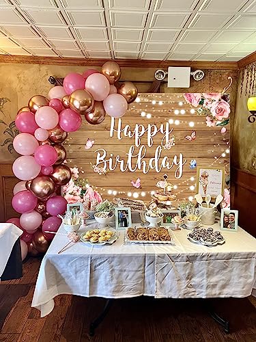 Pink Birthday Party Decorations,Butterfly Rustic Wood Flowers Happy Birthday Backdrop Banner Hot Pink Balloon Arch Garland Kit for Women Girl Birthday Party Supplies