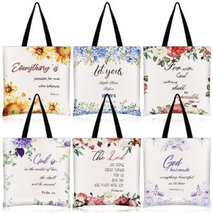 silkfly 6 pcs bible tote bags for women, shoulder scripture religious reusable tote bags floral verse christian tote bag for beach market travel grocery christmas gift