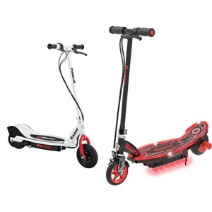 razor e200 electric scooter for kids ages 13+ - 8" pneumatic tires, 200-watt motor, up to 12 mph and 40 min of ride time & power core e90 glow electric scooter for kids ages 8+ - 90w hub motor