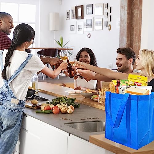 Walmicoz Reusable Grocery Bags, 10 Pack Large Foldable Shopping Bags Bulk 15"x13"x10", Eco Washable Non-woven Tote Bags with Reinforced Handles and Removable Bottom, for Groceries Gift Parties, Blue