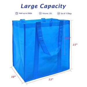 Walmicoz Reusable Grocery Bags, 10 Pack Large Foldable Shopping Bags Bulk 15"x13"x10", Eco Washable Non-woven Tote Bags with Reinforced Handles and Removable Bottom, for Groceries Gift Parties, Blue