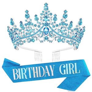 velscrun blue crystal birthday tiara crowns for women girls elegant princess crown with combs birthday girl headband sash happy birthday party decorations birthday gift cake topper hair accessories