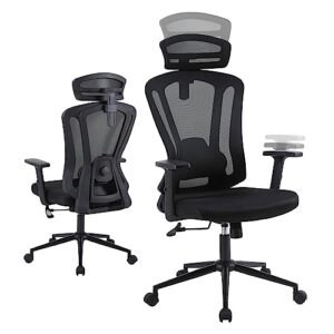 ergonomic home office chair, high back desk chair with adjustable lumbar support, 2d armrest and headrest, black mesh computer gaming chair with tilt function