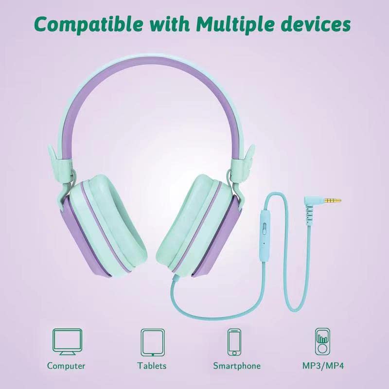 Riwbox Kids Headphones Wired,CS6 Stereo Sound Foldable Headphones for Kids Over Ear Toddler Headphones with Mic and Volume Control Compatible for Smartphones, PC and Tablets (Purple&Green)