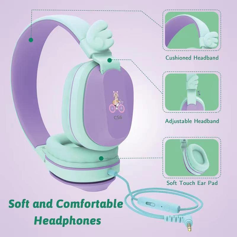 Riwbox Kids Headphones Wired,CS6 Stereo Sound Foldable Headphones for Kids Over Ear Toddler Headphones with Mic and Volume Control Compatible for Smartphones, PC and Tablets (Purple&Green)