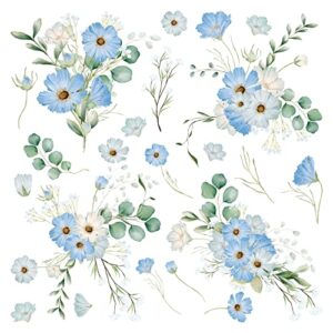 powder blue flower rub on transfer, 6 x 6 inch sheet - dry rub-on/off transfers stickers for decoupage scrapbooking crafts mixed media collage art