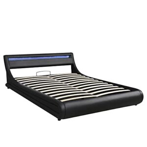 GLANZEND Queen Size Faux Leather Upholstered Platform Bed with Hydraulic Storage System, with LED Light Upholstered Headboard, Bedframe w/Wood Slat Support, for Bedroom, Kids Room, Guest Room, Black