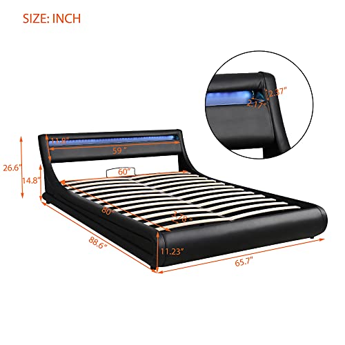 GLANZEND Queen Size Faux Leather Upholstered Platform Bed with Hydraulic Storage System, with LED Light Upholstered Headboard, Bedframe w/Wood Slat Support, for Bedroom, Kids Room, Guest Room, Black