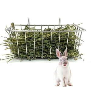 rmnhptk rabbit hay feeder rack for cage, rabbit hay dispenser holder stainless steel heavy-duty metal hanging hay manger for rabbits bunnies guinea pigs chinchillas (1 pack, 9x3.9x3.9 in)