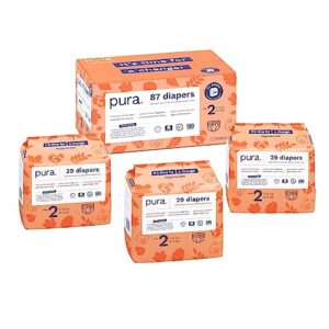 pura size 2 eco-friendly diapers (7-13 lbs) hypoallergenic, soft organic cotton comfort, sustainable, wetness indictor. allergy uk, recyclable paper packaging. 3 packs of 29 diapers (87 diapers)