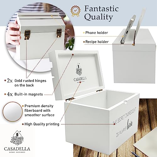 CASADELLA Wooden Recipe Box, Index Card Holder Box w/70 4x6 Recipe Cards and 16 Dividers, White Minimalist Card Box, Index Card Box to Preserve Family Recipes, Recipe Box with Cards and Dividers