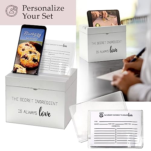 CASADELLA Wooden Recipe Box, Index Card Holder Box w/70 4x6 Recipe Cards and 16 Dividers, White Minimalist Card Box, Index Card Box to Preserve Family Recipes, Recipe Box with Cards and Dividers