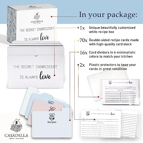 CASADELLA Wooden Recipe Box, Index Card Holder Box w/70 4x6 Recipe Cards and 16 Dividers, White Minimalist Card Box, Index Card Box to Preserve Family Recipes, Recipe Box with Cards and Dividers