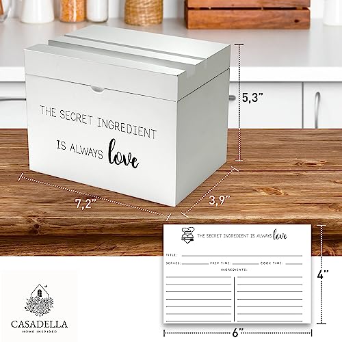 CASADELLA Wooden Recipe Box, Index Card Holder Box w/70 4x6 Recipe Cards and 16 Dividers, White Minimalist Card Box, Index Card Box to Preserve Family Recipes, Recipe Box with Cards and Dividers