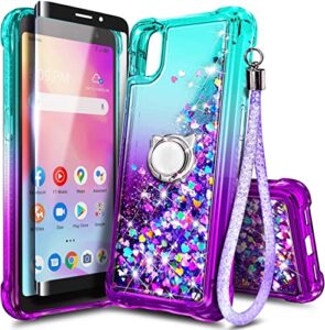 nznd compatible with tcl 30z (t602dl) case, tcl 30 le with tempered glass screen protector/ring holder/wrist strap, glitter liquid floating waterfall durable women girls kids cute case (aqua/purple)