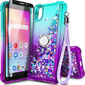 NZND Compatible with TCL 30Z (T602DL) Case, TCL 30 LE with Tempered Glass Screen Protector/Ring Holder/Wrist Strap, Glitter Liquid Floating Waterfall Durable Women Girls Kids Cute Case (Aqua/Purple)