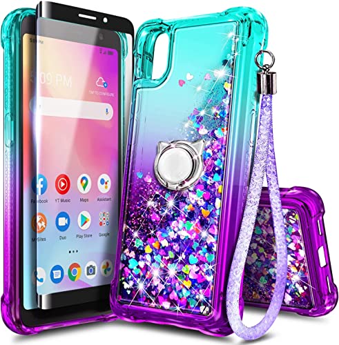 NZND Compatible with TCL 30Z (T602DL) Case, TCL 30 LE with Tempered Glass Screen Protector/Ring Holder/Wrist Strap, Glitter Liquid Floating Waterfall Durable Women Girls Kids Cute Case (Aqua/Purple)