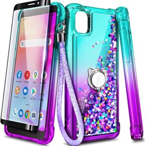 NZND Compatible with TCL 30Z (T602DL) Case, TCL 30 LE with Tempered Glass Screen Protector/Ring Holder/Wrist Strap, Glitter Liquid Floating Waterfall Durable Women Girls Kids Cute Case (Aqua/Purple)