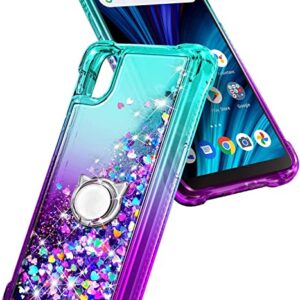 NZND Compatible with TCL 30Z (T602DL) Case, TCL 30 LE with Tempered Glass Screen Protector/Ring Holder/Wrist Strap, Glitter Liquid Floating Waterfall Durable Women Girls Kids Cute Case (Aqua/Purple)