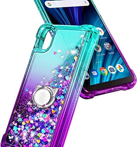 NZND Compatible with TCL 30Z (T602DL) Case, TCL 30 LE with Tempered Glass Screen Protector/Ring Holder/Wrist Strap, Glitter Liquid Floating Waterfall Durable Women Girls Kids Cute Case (Aqua/Purple)