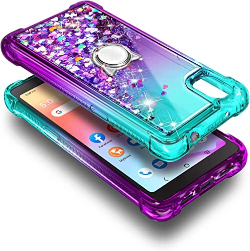 NZND Compatible with TCL 30Z (T602DL) Case, TCL 30 LE with Tempered Glass Screen Protector/Ring Holder/Wrist Strap, Glitter Liquid Floating Waterfall Durable Women Girls Kids Cute Case (Aqua/Purple)