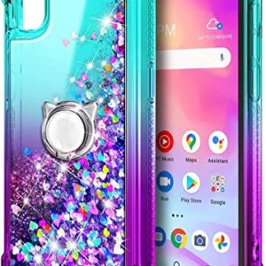 NZND Compatible with TCL 30Z (T602DL) Case, TCL 30 LE with Tempered Glass Screen Protector/Ring Holder/Wrist Strap, Glitter Liquid Floating Waterfall Durable Women Girls Kids Cute Case (Aqua/Purple)