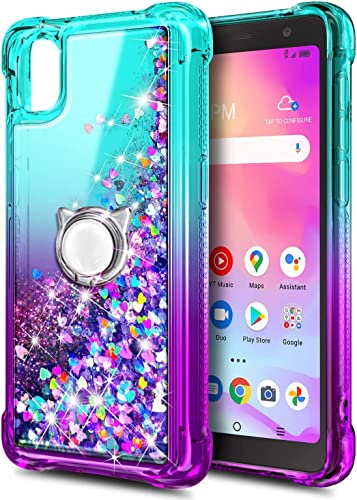 NZND Compatible with TCL 30Z (T602DL) Case, TCL 30 LE with Tempered Glass Screen Protector/Ring Holder/Wrist Strap, Glitter Liquid Floating Waterfall Durable Women Girls Kids Cute Case (Aqua/Purple)