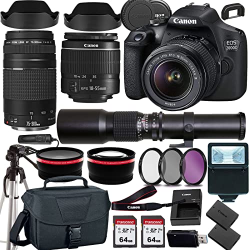 Canon EOS 2000D (Rebel T7) DSLR Camera w/Canon EF-S 18-55mm F/3.5-5.6 Zoom Lens+Canon EF 75-300mm III Lens+500mm f/8.0 Telephoto Lens+case+128Memory Cards (24PC)