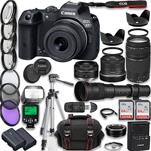 Canon EOS R7 Mirrorless Camera RF-S 18-45mm f/4.5-6.3 is STM + EF 75-300mm III + RF 50mm f/1.8 STM + 420-800mm HD Lenses + 2X 64GB Memory Cards, TTL Flash, Extra Battery, Tripod & More (Renewed)