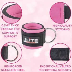 Elite Athletics Barbell Squat Pad with Secure Straps & Carry Bag for Hip Thrusts, Pair of Gym Ankle Straps for Cable Machines, 2 Hip Resistance Bands, 2 Wrist Lifting Straps (Pink)