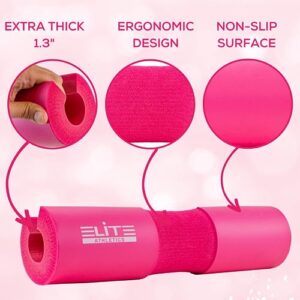 Elite Athletics Barbell Squat Pad with Secure Straps & Carry Bag for Hip Thrusts, Pair of Gym Ankle Straps for Cable Machines, 2 Hip Resistance Bands, 2 Wrist Lifting Straps (Pink)