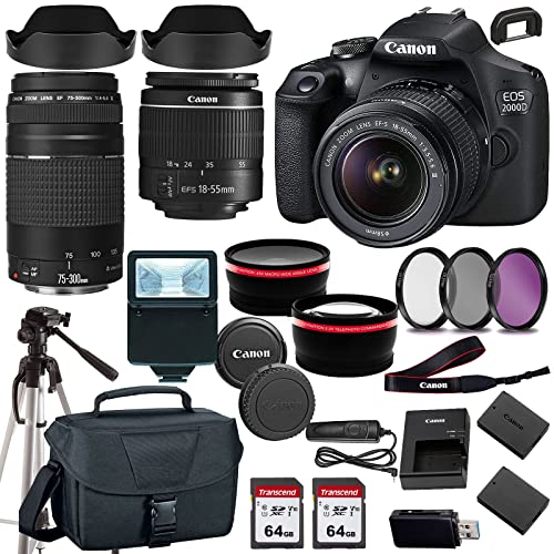 Canon EOS 2000D (Rebel T7) DSLR Camera w/Canon EF-S 18-55mm F/3.5-5.6 Zoom Lens+Canon EF 75-300mm III Lens+case+128Memory Cards (24PC)