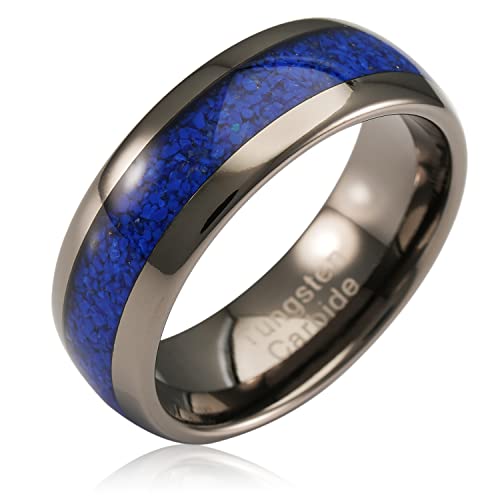 100S JEWELRY Gunmetal Tungsten Rings for Men, Blue Lapis Lazuli Inlay, Dome Shape, Wedding Engagement Promise Band, Sizes 6-16 (Tungsten, 6)